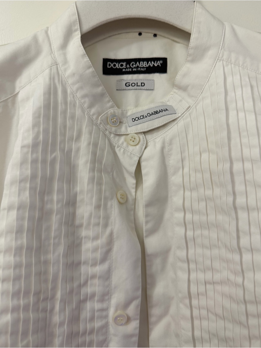 Dolce & Gabbana White Pleated Band Collar Dress Shirt Gold (Fits Very Slim)